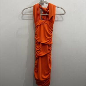 Zara Orange Ruched Halter Midi Dress